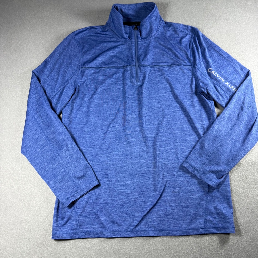 Calvin Klein Mens Small 1/4 Zip Pullover Blue Heathered Long Sleeve Logo Top